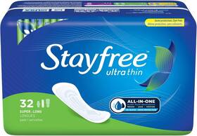 Stayfree 078300030133 Ultra Thin Long Super Pads Without Wings 32 Count Multi-fluid Protect
