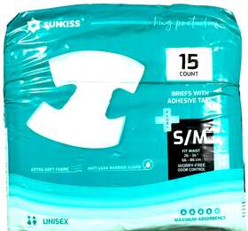 Sunkiss 445053641603 Disposable Incontinence Brief 15 Count S/m Fits Waist 26-34 Inch Extra Soft