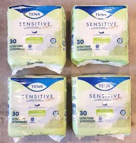 35462-12 Tena Lot Of 4. Sensitive Care Ultra Thin Pads #3. 30 Ct Ea. Light. 120