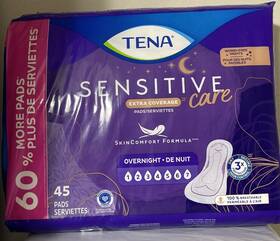 76870254340802 Tena Sensitive Care Extra Coverage Overnight Incontinence Pads 45 Count New