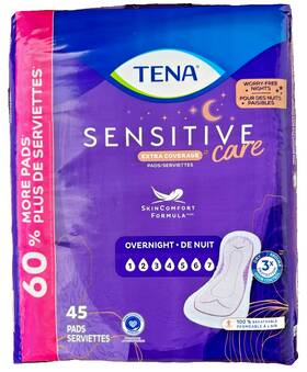 Tena 768702544777 Womens Sensitive Care Extra Coverage Overnight Pads 135 Count