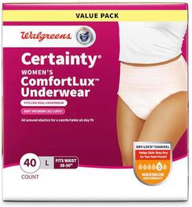 728762 Walgreen Certainty Womens Comfortlux Underwear Value Pack Of 40 Large 38-50 Inch Waist