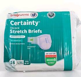 Walgreens 049022049000 Certainty Unisex Stretch Briefs L/xl 40-70 Inch 16 Ct Day Night Incontinence New