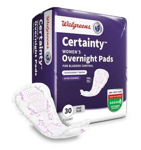 Walgreens 311917198507 Certainty Womens Overnight Pads One Size 30 Ea Extra Bladder Coverag