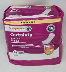 742865 Walgreens Certainty Womens Incontinence Pads For Bladder Control Long 64 Count