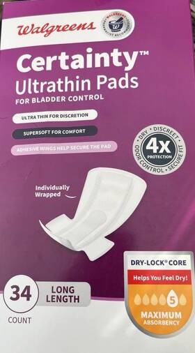 844894 Walgreens 34ct Certainty Womens Bladder Control Pads Max Absorb Long Length
