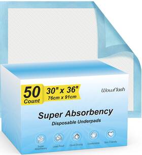 Wowflash 630130885101 50 Count 30 Inch X 36 Super Absorbency Disposable Underpads Leakproof Quick Dry