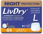 Livdry Overnight Protective Underwear Large Size (64 Count), White. Fixed Price $125.56.