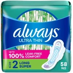 Always Ultra Thin Pads With Wings, Size 2, Long Super, 58 Count. Fixed Price $15.40.