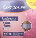 Composure Women's Incontinece Underwear Maximum Absorbency Size Xl Mega Pack. Fixed Price $10.00.