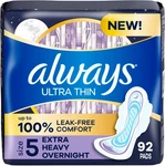 Always Ultra Thin, Size 5, Extra Heavy Overnight Pads With Wings, 92 Count. Fixed Price $24.99.