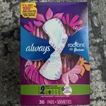 Always Radiant Feminine Pads For Women, Size 2 Heavy, With Wings, Scented, 36.... Fixed Price $12.99.