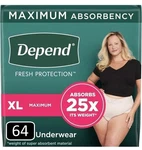 Depend Fresh Protection Adult Incontinence Underwear For Women, Xl 64 Count. Fixed Price $42.49.