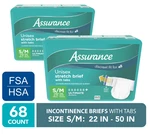 New Assurance Unisex Stretch Briefs With Tabs, Small/medium, 68 Ct. Fixed Price $34.00.