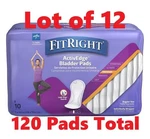 Lot Of 12 10-PKS Fitright Incontinence Bladder Control Pads Max Absorbency 5X14". Fixed Price $42.42.