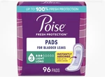 Poise Incontinence & Postpartum Pads, 3 Drop Light 96 Count. Fixed Price $18.00.