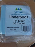 Secure Underpads Blue 17" X 23" 30 Count. Fixed Price $15.00.