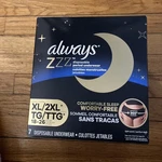 Always Zzz Overnight Disposable Period Underwear XL/2XL (18-26 Pant Size) 7CT. Fixed Price $10.99.