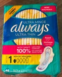 Always Ultra Thin Pads With Wings, Size 1, Regular, 46 Count. Fixed Price $12.99.