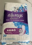 Always Discreet Adult Incontinence & Pads, Heavy Absorbency, Sz 5, Long, 39 Ct. Fixed Price $19.99.