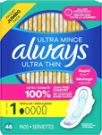 Always Ultra Thin, Feminine Pads For Women, Size 1 Regular Absorbency 46 Count. Fixed Price $13.67.