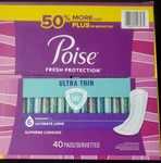 Poise Fresh Protection Ultra Thin Level 6 Ultimate Long 40 Pads. Fixed Price $39.99.