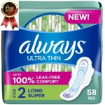 Always Ultra Thin Pads With Wings, Size 2, Long Super Absorbency, 58 Count. Fixed Price $16.99.