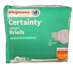 Walgreens Certainty Unisex Briefs Size Large 44 -58 Maximum Absorbency 32 Count. Fixed Price $33.99.