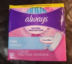 Always Regular Wrapped Thin Mince Unscented Pantiliners, 120 Pads. Fixed Price $8.99.