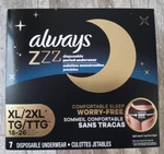 Always Zzz Overnight Disposable Period Underwear XL/2XL (18-26 Pant Size) 7CT. Fixed Price $7.95.