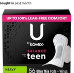 By Kotex Balance Sized For Teens Ultra Thin Overnight Pads With Wings, 56 Ct. Fixed Price $9.00.
