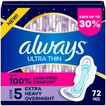 Always Ultra Thin Extra Heavy Overnight Pads With Wings, Size 5, 72 Ct.. Fixed Price $27.74.
