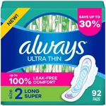 Always Ultra Thin Long Super Pads With Wings, Size 2, 92 Count. Fixed Price $28.13.