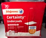 Walgreens Certainty Underpads, 10 Count, Waterproof/ Maximum #5/ Xl - 29X35" New. Fixed Price $9.00.