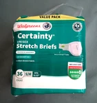 (open Packaging) 36 Count Walgreens Certainty Unisex Stretch Briefs S/m 31-52. Fixed Price $14.00.
