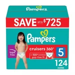 Pampers Cruisers 360 Diapers Gap-free Fit, Size 5 (27+ Pounds), 124 Count. Fixed Price $76.45.
