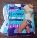 Because Sensitive Plant Based 14 Count, Adult Incontinence Overnight Underwear. Fixed Price $16.99.