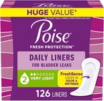 Poise Daily Incontinence Liners, Size 2, Regular Length Very Light, 126 Ct. Fixed Price $16.98.