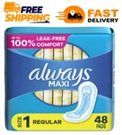 Always Maxi Pads Without Wings, Size 1, Regular Absorbency, 48 Count. Fixed Price $8.99.