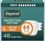 Depend Adult Diapers With Tabs, Incontinence Protection, 48 Count, Unisex, Large. Fixed Price $58.00.