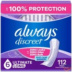 Always Discreet Incontinence Pads - 6 Drop Extra Heavy Long 112CT. Fixed Price $54.37.