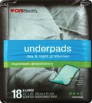 Cvs Health Underpads Day & Night Protection Maximum Absorbency 18CT. Fixed Price $16.99.