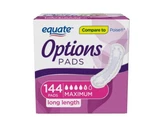 Equate Options Incontinence Pads For Women, Maximum, Long, 144 Count. Fixed Price $39.00.