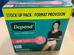 Depend Women's Fresh Protection Underwear Size Small 44 Pairs Fits Waist 24-30". Fixed Price $19.95.