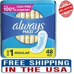 Always Maxi Feminine Pads For Women, Size 1 Regular Absorbency 48 Count. Fixed Price $9.49.