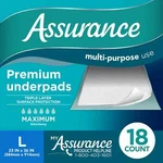 Assurance Unisex Premium Quilted Underpad, Maximum Absorbency, (18 Count). Fixed Price $10.95.