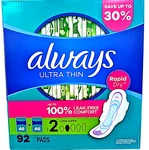 Always Ultra Thin Long Super Pads With Wings Size 92 Count. Fixed Price $27.87.