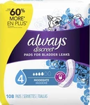 Always Discreet Incontinence Pads, Size 4 Moderate Regular Length, 108. Fixed Price $25.00.