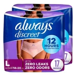 Always Discreet Women's Incontinence Underwear, Large, 34 Count (2 Packs Of 17). Fixed Price $32.88.