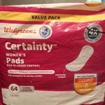 Walgreens Certainty Maximum Absorbency Long Length Women's Pads 64 Count. Fixed Price $17.00.